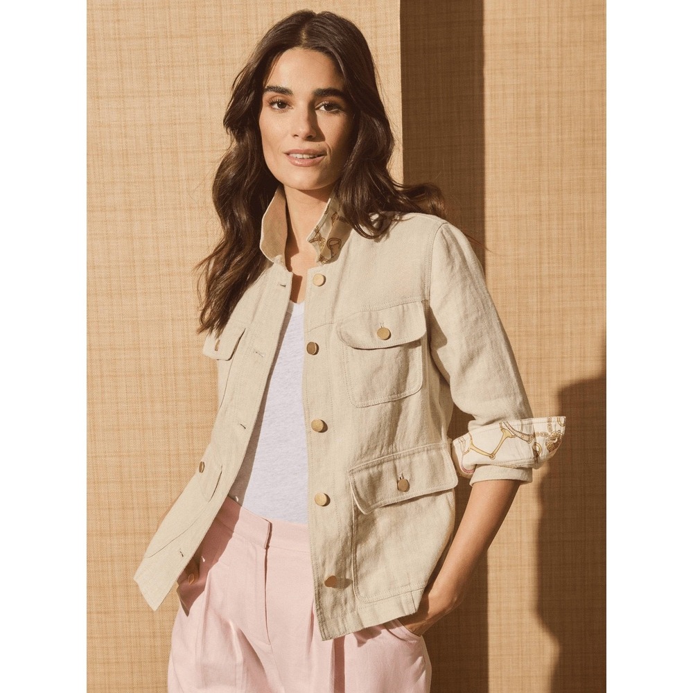 J McLaughlin Linen Field Utility Jacket Small Beige Gold Hardware Equestrian